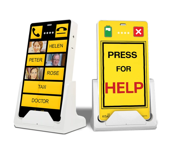 KISA Phone on cradle with large yellow buttons for easy contact access, designed for seniors or those with accessibility needs.