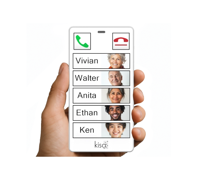 Person holding a white KISA Phone showing list of contact names and corresponding photo