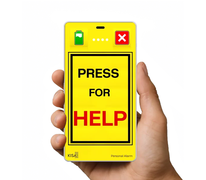 Person holding a bright yellow personal alarm with bold, large text reading 'Press for Help'